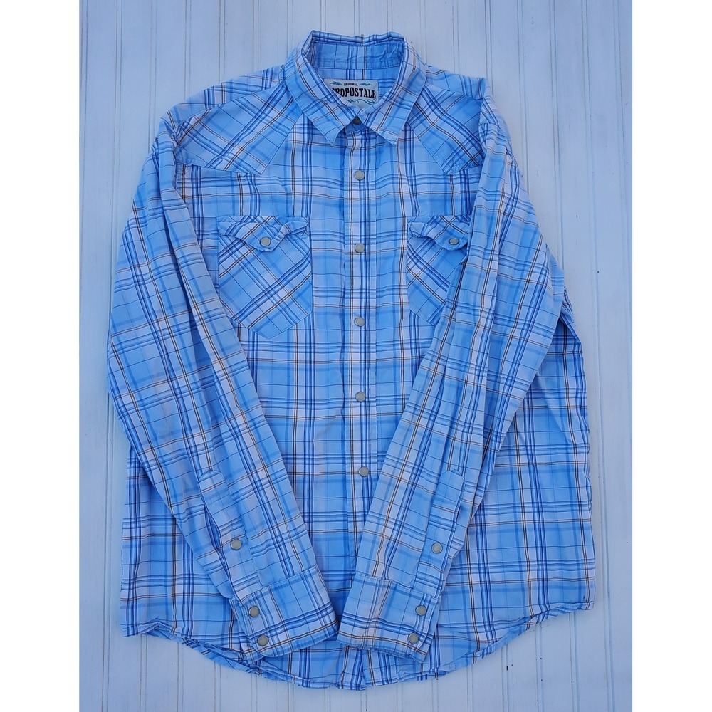 NEW Aeropstale‎ Pearl Snap Shirt Men M Blue White Plaid Western Button Pockets